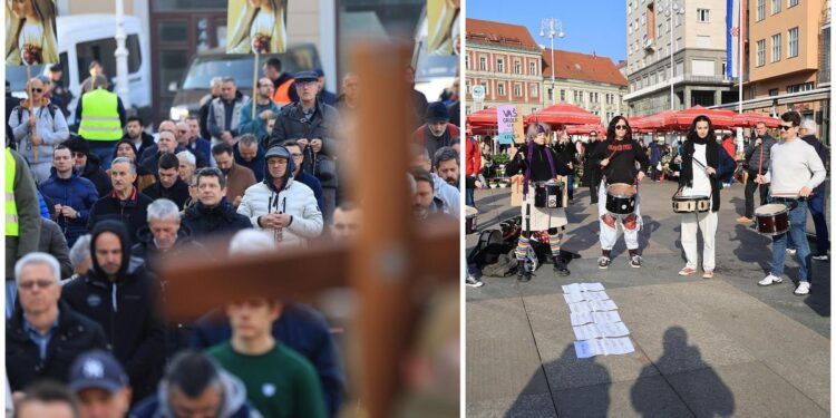 FOTO Molitelji i ove subote na trgovima, dočekali ih prosvjednici s transparentima i bubnjevima